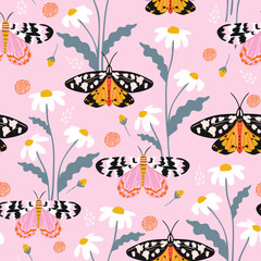 Seamless pattern with moths, flowers, and butterfly. Floral background for fabric, wrapping, textile, wallpaper, apparel. Vector illustration. - 519167220