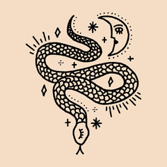 Magic snake with moon and stars clipart. Mystical dark boho style symbolic, distressed witchy gothic spiritual illustration, ethnic astrological rite symbol, good for tattoo.