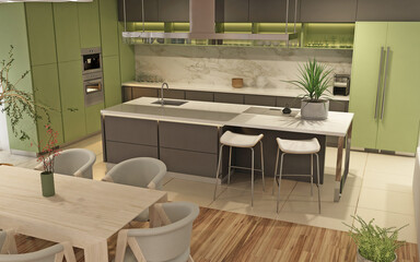 Modern interior of kitchen with living room. 3d render