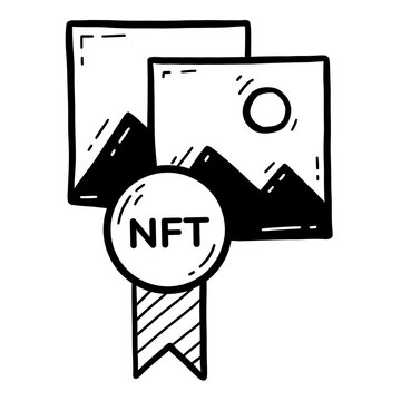 NFT non-fungible token ownership of images and pictures doodle hand drawn icon