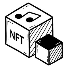 NFT ownership of music, cubes with notes and melody doodle cryptocurrency icon