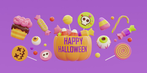 Happy Halloween with Jack-o-Lantern pumpkins basket full of colorful candies and sweets floating on purple background, 3d rendering.
