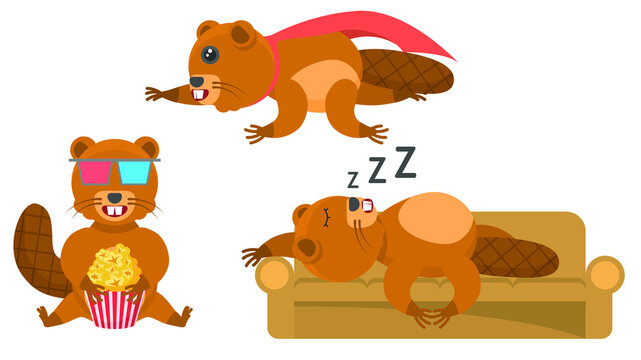 Set Abstract Collection Flat Cartoon Different Animal Beavers Watching A Movie With Popcorn, Superhero Flies With A Cloak, Sleeping On The Sofa Vector Style Elements Fauna Wildlife