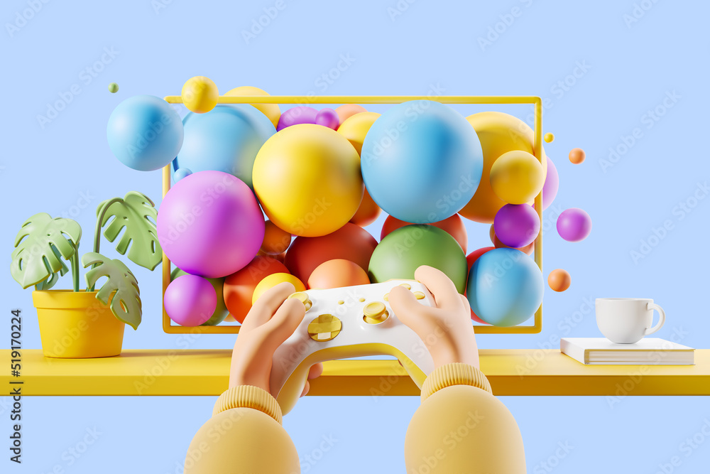 Wall mural The character's cartoon hands hold a gamepad in front of a TV set with multi-colored balls flying out. Concept of videogame. 3d rendering