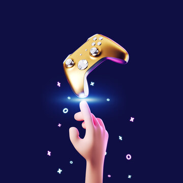 Cartoon hand on a black background with a golden joystick from the console. The concept of achievements and victories. 3d rendering