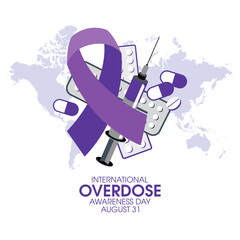 International Overdose Awareness Day vector. Purple awareness ribbon and pile of drugs icon vector. August 31. Important day