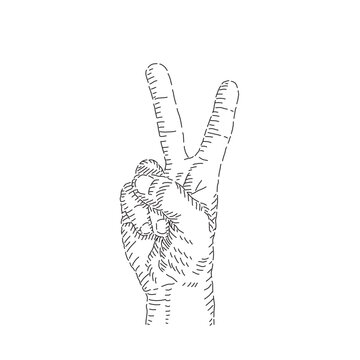 Boceto lineal de mano signo de paz, dibujo.