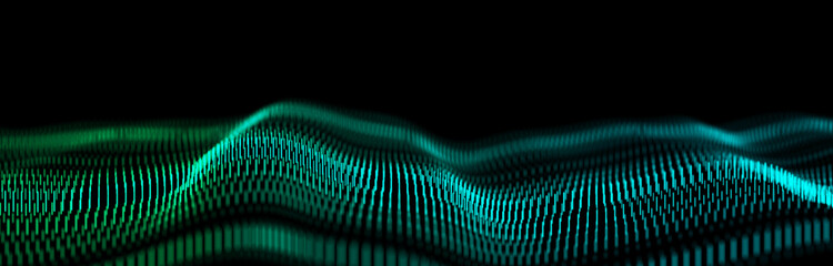 Abstract technology wave of particles. Big data visualization. Dark background with motion lines. Artificial intelligence. 3d rendering.