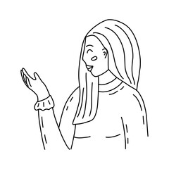 Cute young girl with long hair smiles, moving her hand to the side. Black and white vector isolated doodle illustration contour