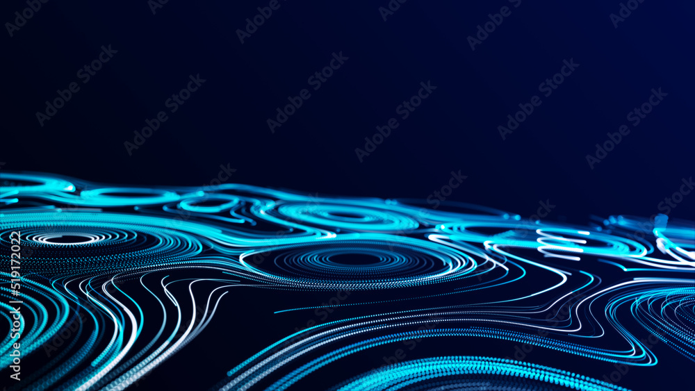 Poster flow of particles. big data visualization. digital technology wave. futuristic cyberspace. abstract 