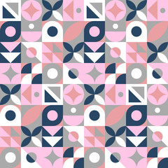 Abstract geometric seamless pattern. Neo geo style print, vector illustration. Simple repeating lines and shapes mosaic background. Pink, blue and grey colors. Endless design for textile. 