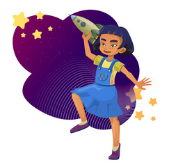 A little girl playing with a rocket. Children's toys. Space. The stars. Vector illustration on white background.