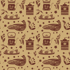 Seamless vector retro pattern. Vintage style illustration. Hand drawn modern folk elements for paper, textile or menu. Sketch drawing of  coffee mill, tea pot, pear tray, bird, leaves and berries