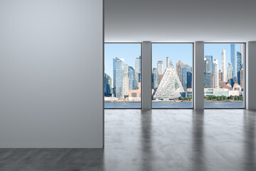 Midtown New York City Manhattan Skyline Buildings from High Rise Window. Expensive Real Estate. Empty room Interior with Mockup wall. Skyscrapers View Cityscape. Day time. west side. 3d rendering.