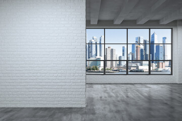 Fototapeta premium Midtown New York City Manhattan Skyline Buildings from High Rise Window. Mockup white wall. Real Estate. Empty room Interior Skyscrapers View Cityscape. Day time. Hudson Yards West Side. 3d rendering