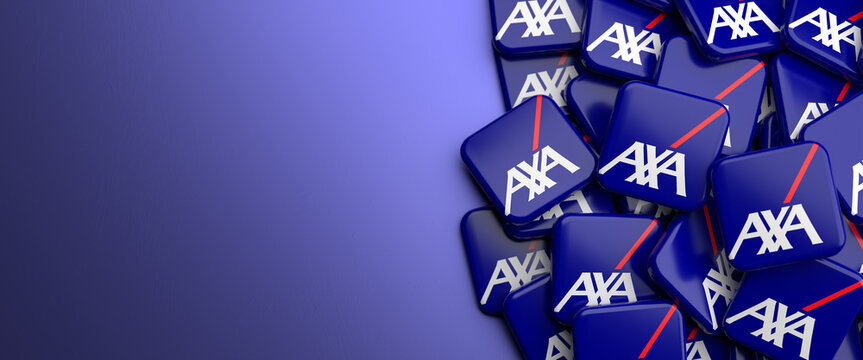 Logos of the French insurance company AXA on a table. Copy space. Web banner format.