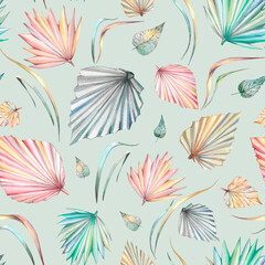 Watercolor seamless pattern with palm leaves.