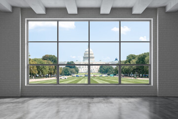 Fototapeta na wymiar Empty room Interior View to Capitol Dome Cityscape Washington City Skyline Window background. Beautiful Real Estate. Day time. 3d rendering.