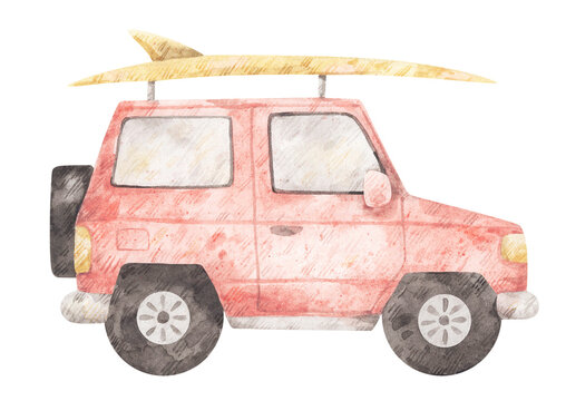 Cute vintage suv. Watercolor illustration of pink old car with surfboard on the top. Hand-drawn picture