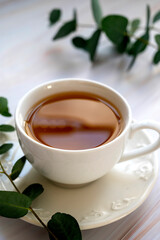 Obraz na płótnie Canvas Cup of tea, herabal natural tea. Morning warm tea with eucalyptus leaves