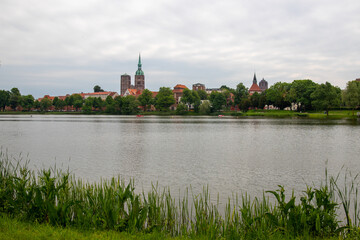 The skyline of the Hanseatic city of Stralsund with the steeples of the St. Nikolai Church