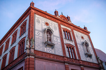 Classic twilight view of the hanseatic town of Stralsund during blue hour at dusk, Mecklenburg-Vorpommern, Germany