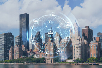 New York City skyline from Roosevelt Island over the East river towards skyscrapers of Midtown Manhattan, day time. Social media hologram. Concept of networking and establishing new people connections