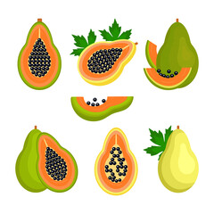 Papaya. Tropical fruit. Color illustration. Set.