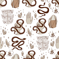 Halloween pattern, flat illustration with witches and occult symbols, tarot images, voodoo magic. seamless pattern with glass bottles with poison, crystals, potion vat, solar system, sun and moon.