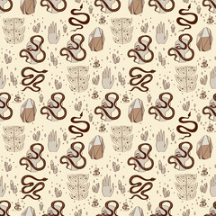 Obraz premium Halloween pattern, flat illustration with witches and occult symbols, tarot images, voodoo magic. seamless pattern with glass bottles with poison, crystals, potion vat, solar system, sun and moon.