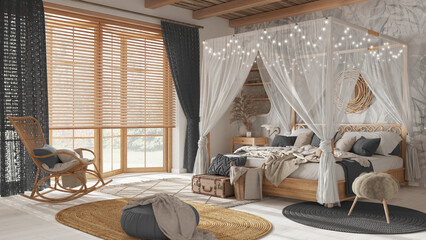 Elegant bedroom with canopy bed in white and gray tones. Parquet, natural wallpaper and cane ceiling. Bohemian rattan and wooden furniture. Boho style interior design © ArchiVIZ