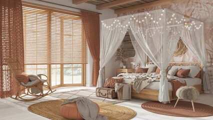 Elegant bedroom with canopy bed in white and orange tones. Parquet, natural wallpaper and cane ceiling. Bohemian rattan and wooden furniture. Boho style interior design