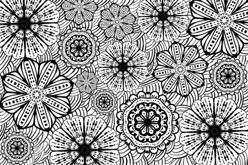 Black and white texture with mandala flowers pattern. Monochrome colors. Hand drawn mandala. Round elements. white background. For decoration on fabric or for wall poster printing.