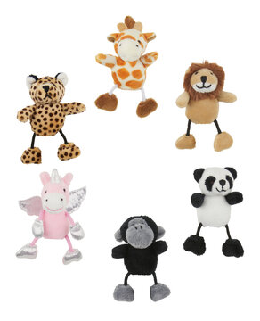 animal toy dolls, leopards, giraffes, lions, pandas, monkeys, unicorns isolated on white background with clipping path