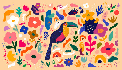 Trendy creative beautiful illustration with toucan and flowers. Blooming design with bird. Vector colorful illustration with tropical flowers, leaves and bird