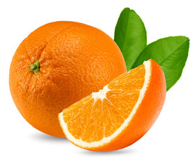 orange fruit with cut of orange and green leaves isolated on white background. clipping path