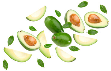 flying  avocado with slices and leaves isolated on white background. clipping path
