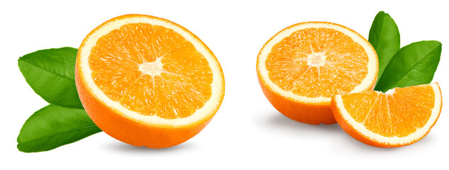 orange fruit with cut of orange and green leaves isolated on white background. clipping path