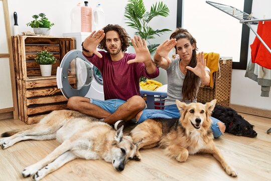 Young hispanic couple doing laundry with dogs doing frame using hands palms and fingers, camera perspective