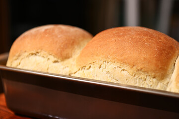 Food composition. Cropped view. Freshly baked hot whole grain bread,on a wooden background with...