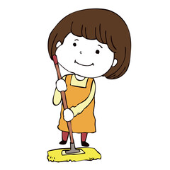 モップで掃除をしている女性