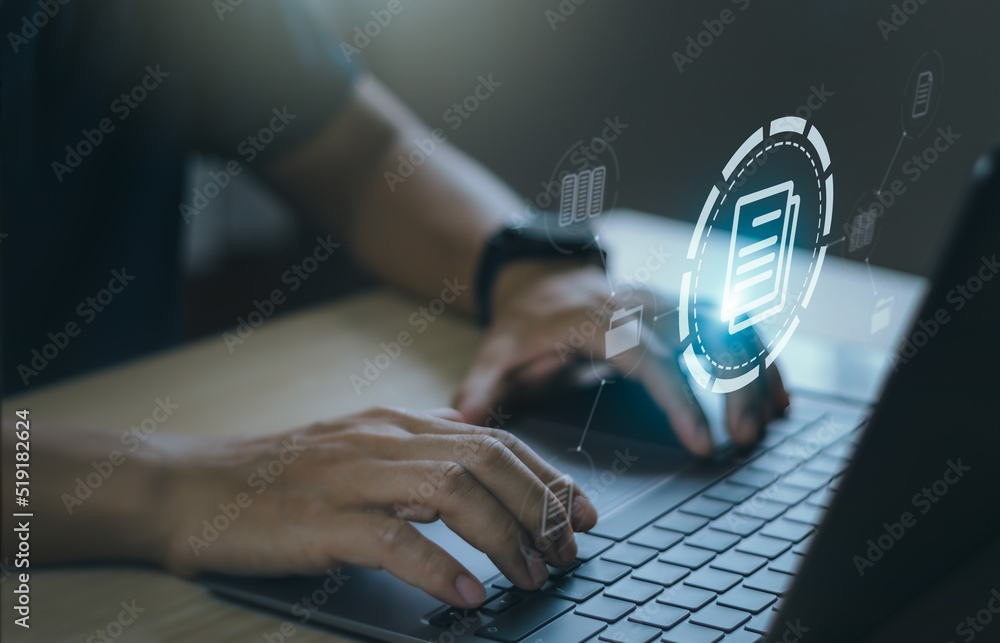 Poster close-up, hands typing on laptop keyboard and management document icon, concept digital document man
