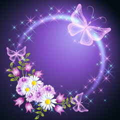 Glowing round frame with meadow flowers, butterfly and sparkle stars