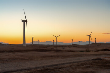 Wind power plants in desert at sunset