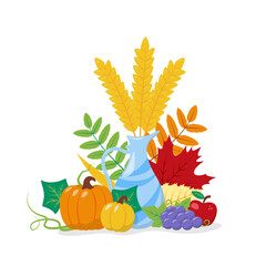 Autumn harvest illustration with pumpkins, fruits, leaves and wheat ears. Thanksgiving Day vector element for festival banner, greeting card, thematic design. Isolated on white background
