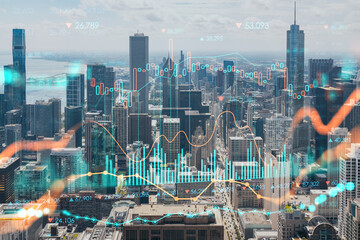 Fototapeta premium Aerial panorama city, Chicago downtown area and Lake, day time, Illinois, USA. Birds eye view. Forex graph hologram. The concept of internet trading, brokerage and fundamental analysis