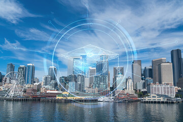 Fototapeta premium Seattle skyline with waterfront view. Skyscrapers of financial downtown at day time, Washington, USA. Technologies and education concept. Academic research, top ranking university, hologram
