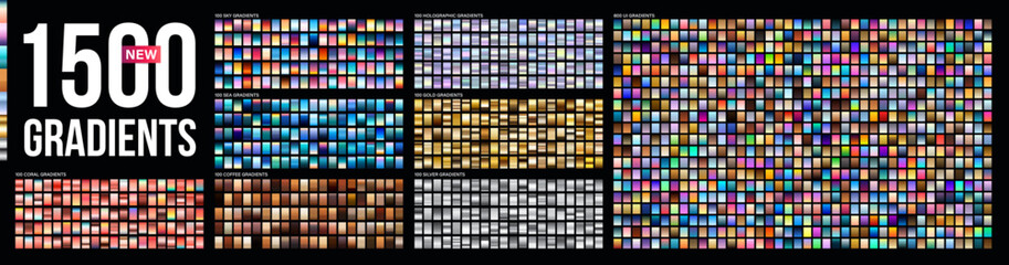 Vector mega set of gradients. Big collection colorful metallic gradient illustration. Gold, silver, sky, sea, coffee, coral, holographic, azure, bronze and ui gradients collection.