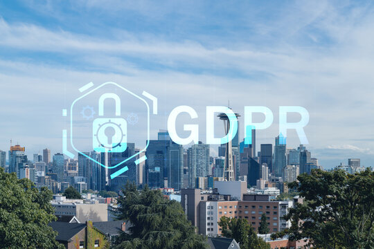 Seattle skyline panorama from Kerry Park. Skyscrapers of financial downtown at day time, Washington, USA. GDPR hologram, concept of data protection regulation and privacy for all individuals