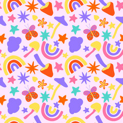 Fototapeta na wymiar Cute doodle rainbow, mushroom, star scribbles seamless pattern. Modern flat pop up repeat print on pink background. Cartoon design in violet, yellow, pink and orange colors.